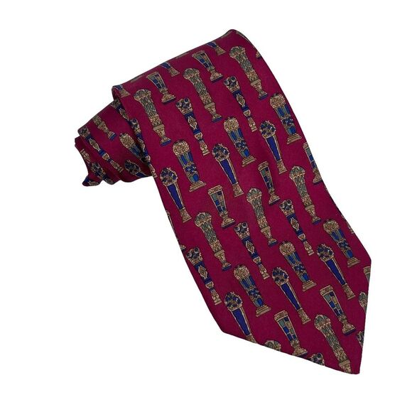 Salvatore Ferragamo Mens Tie Vases Wine Red & Blue Silk 3.5" (W) x 56.5" (L) guc - Picture 3 of 12